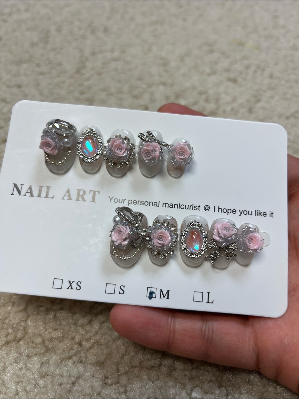 Handcrafted Pink Rose Rhinestone Press-On Nail Set - Women Accessories